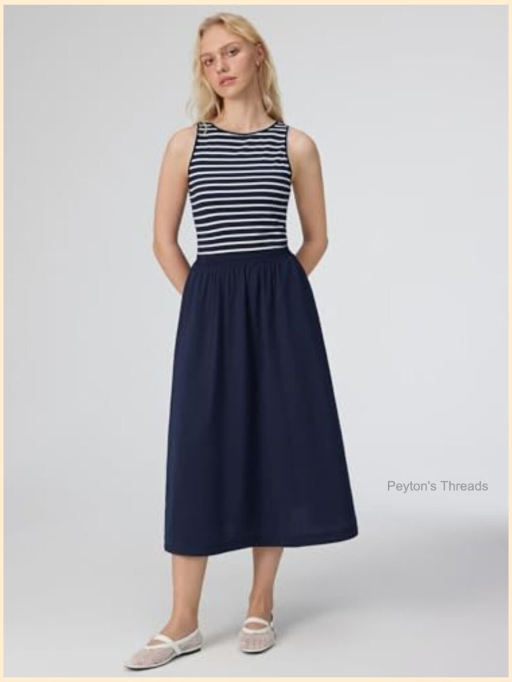 Sleeveless Boat Neck Striped Maxi Dress with Elastic Waist - Picture 2 of 7